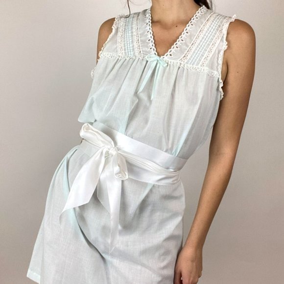 Vintage Baby Blue Cotton Lace Nightgown Slip Dress - Picture 7 of 10